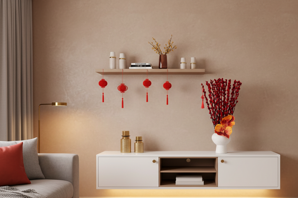 Dried flower arrangement on TV cabinet with Lunar New Year decor
