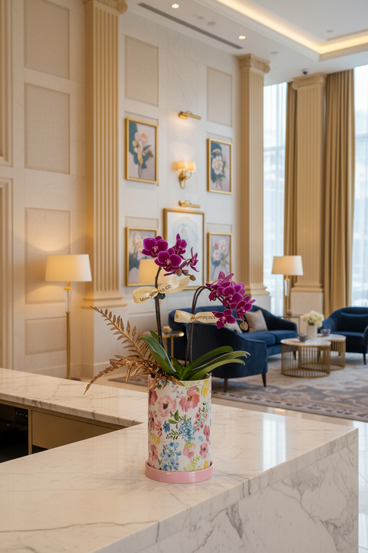 Orchid at marble reception counter