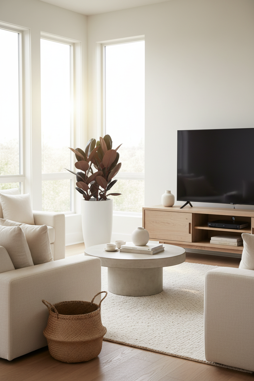 Rubber Plant near window beside TV cabinet